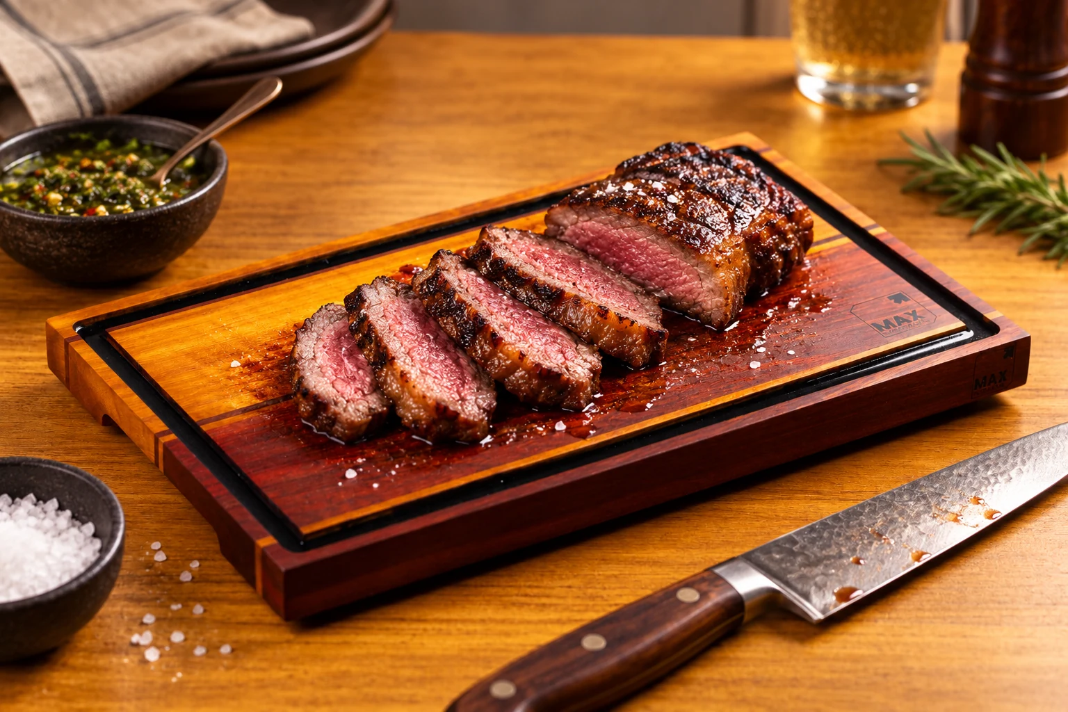 Tábua de churrasco artesanal com carne fatiada pronta para servir